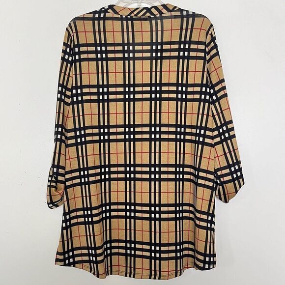 Ali Miles Plaid Blouse Camel Black Red Check Long Roll Up Tab Sleeve Tunic Large - Picture 5 of 8